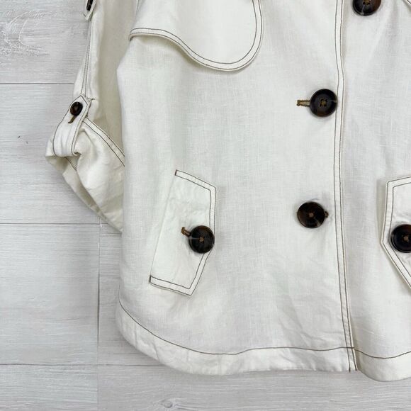 Chico’s 100% Linen Cropped Trench Jacket Women Small White Roll Sleeve Pockets - Picture 4 of 16